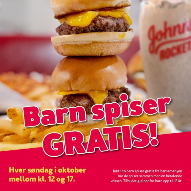 Barn spiser GRATIS hver søndag i oktober 12-17! I dag er siste mulighet å benytte seg av tilbudet 🥳 Ses vi? 🥰

#gratis #kidseatfree #freefood #johnnyrockets #burger #shake #fries #storo #tilbud